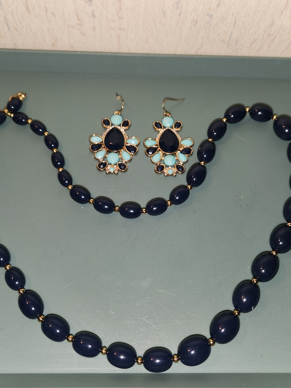 Elegant Navy and Aqua Bead Necklace with Matching Earrings - Women Jewelry